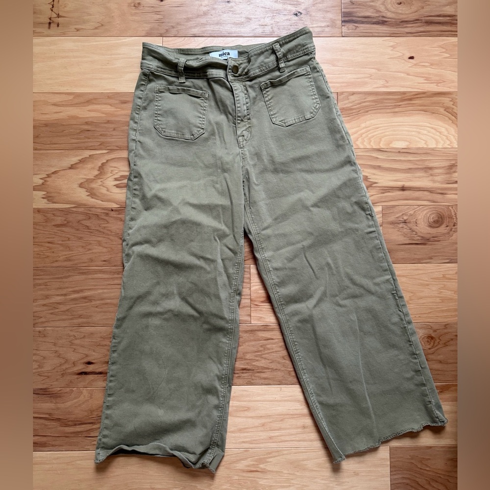 Mica Denim Olive Green Wide Leg Cropped Jeans Size 29 Raw Hem